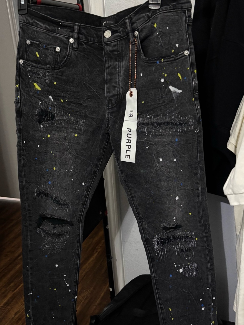 Paint Splatter Ripped Knee Skinny Jeans In Black Reflective Repair Paint
